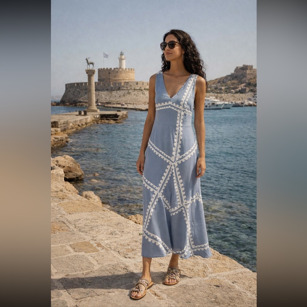 Anthropologie NWT Mon Renn Serape Midi
Dress Blue Postcards size S.